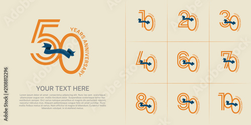 Anniversary logo type set with double line number. orange color with blue ribbon can be use special moment