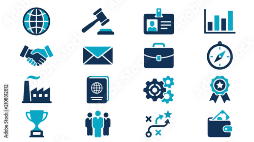 фотографія A set of sixteen professional business and corporate icons in a two-tone blue and teal color scheme, representing various industry concepts