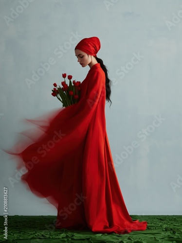 Full length portrait of a woman in a flowing red gown and headscarf. Female model holding red tulips against a blue textured wall. Motion blur fashion concept