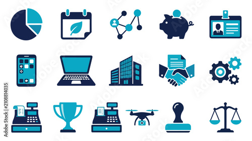 фотографія This vector illustration features a collection of fifteen business and finance related icons in a clean, two-tone blue color scheme