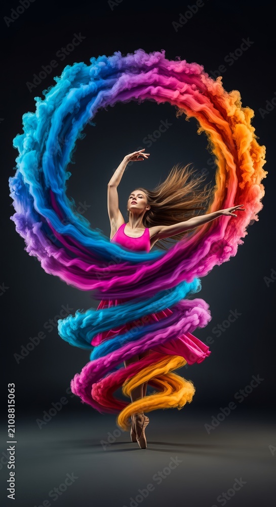 Obraz premium Vibrant portrait of a slender dancer in motion with colorful smoke trails and dramatic lighting
