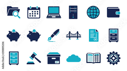 A collection of eighteen professional business and technology icons in a two-tone blue and teal color scheme, featuring office and data symbols.