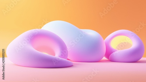 Soft, pastel shapes present flowing forms. Minimalist composition, warm tones create calm aesthetic. Smooth surfaces suggest digital rendering.