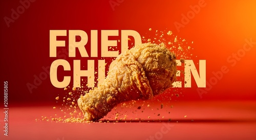 Crispy Fried Chicken Drumstick Advertising Banner with Golden Crunchy Coating and Flying Crumbs on Red Background for Fast Food Menu, Restaurant Promotion and Food Marketing