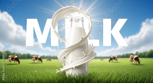 Fresh Milk Advertising Banner with White Liquid Splash, Bottle, Cows and Green Farm Landscape for Dairy Product Branding, Healthy Beverage Promotion and Commercial Marketing