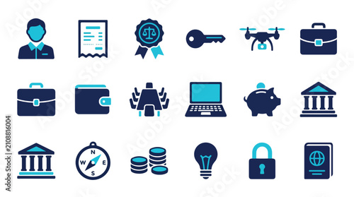 Bild auf Leinwand A set of eighteen business and finance icons like a briefcase, bank, and passport, presented in a modern two-tone blue and navy color scheme