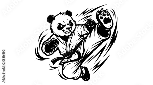 Dynamic panda martial artist performing a powerful flying kick.