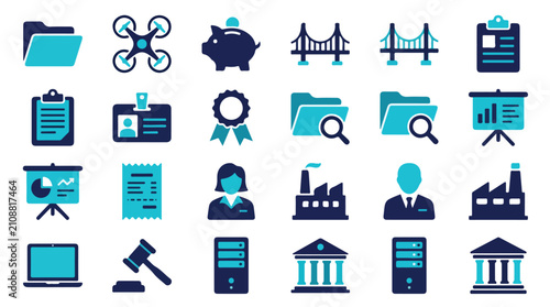 Photography A set of twenty-four professional two-tone vector icons representing various business, industrial, and technology-related concepts on a white background