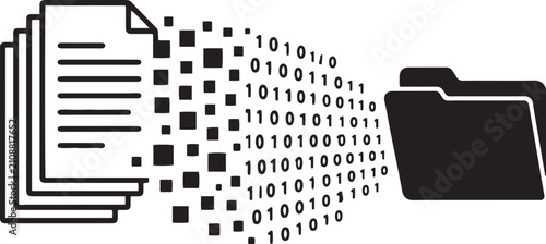 Foto Paper files disintegrating into digital pixels and binary code flowing to secure