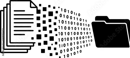Bild auf Leinwand Paper files disintegrating into digital pixels and binary code flowing to secure