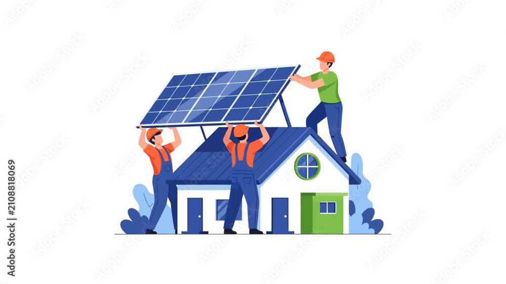 Fototapeta premium Solar Panel Installation Workers on House Roof Illustration