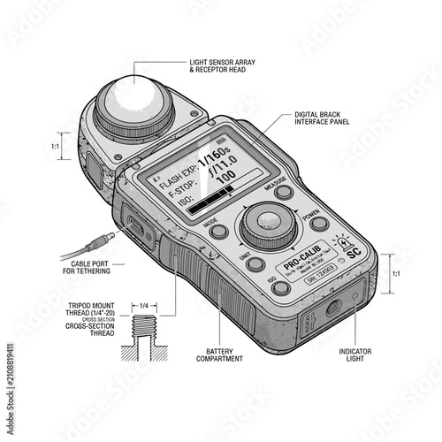 Quadro su tela Handheld digital exposure meter technical diagram for professional photography calibration