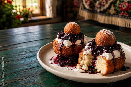 Romanian Papanasi Cheese Doughnuts with Sour Cream and Blueberry Jam