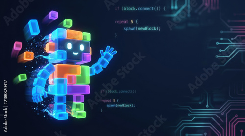 Glowing colorful blocky robot waving next to lines of code and circuit patterns representing coding for kids, STEM education, and interactive programming learning.