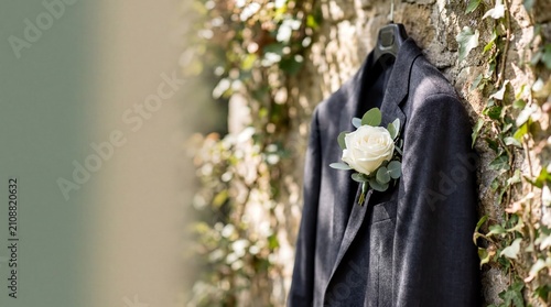 Wedding attire details, a pristine white rose boutonniere elegantly placed on a sharp suit
