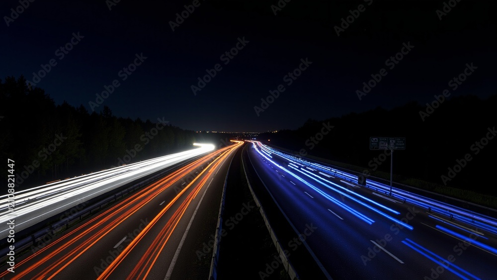 Obraz premium Blue and Orange Car Light Trails on a Highway at Night