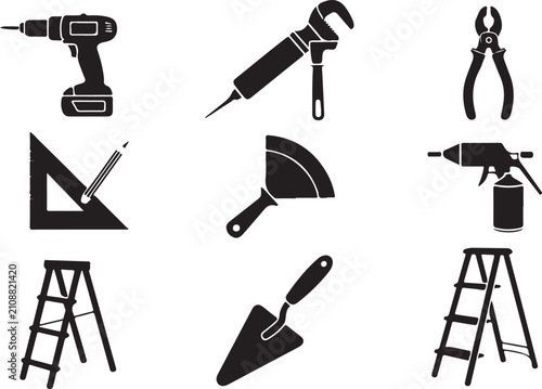 Construction and repair hand tools pack showing drill caulk gun pliers square ruler putty knife spray paint ladder trowel.