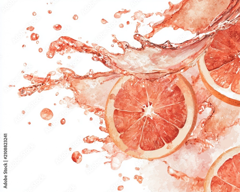 Fototapeta premium Watercolor Grapefruit Slices with Refreshing Juice Splash on White Background