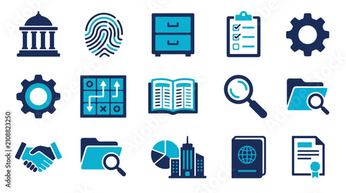 This set features 15 two-tone vector icons representing various business, legal, and governmental concepts like strategy, documentation, and security.