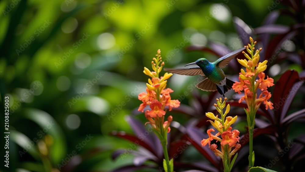 Obraz premium Iridescent Hummingbird Hovering Over Vibrant Orchids