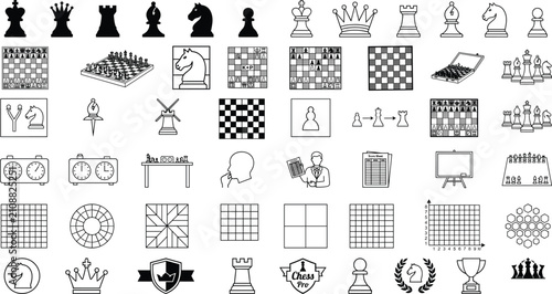 Foto Chess Tournament Elements Collection with Chess Pieces Boards Clocks and Champio