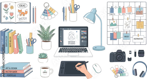 Creative graphic design workspace illustration set with laptop drawing tablet camera and moodboard for digital artist portfolio branding and marketing templates