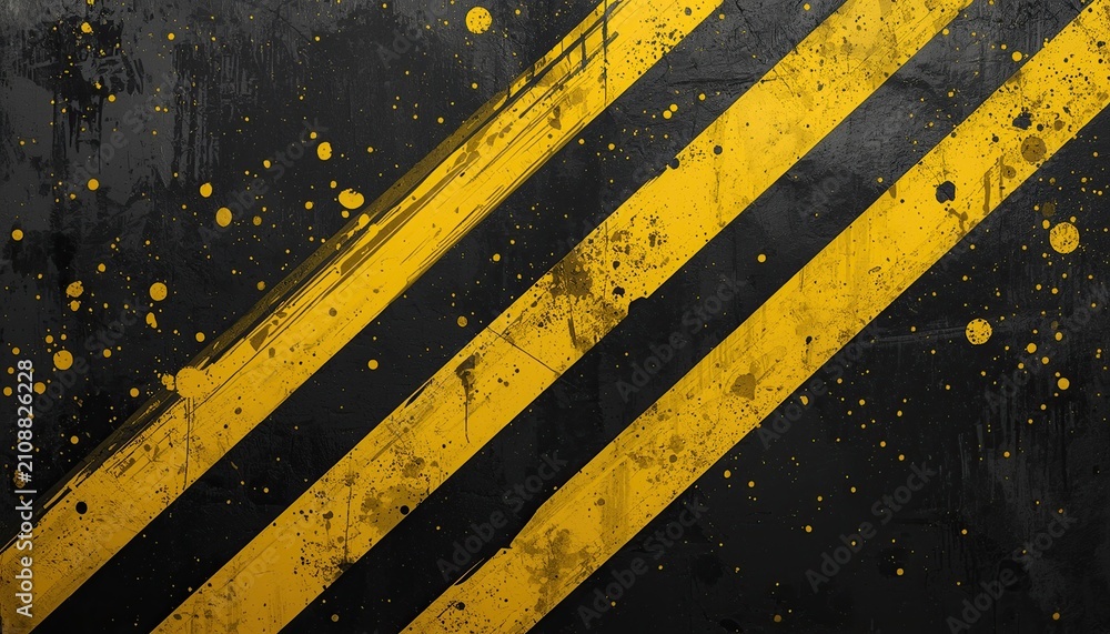 Fototapeta premium A close-up view of a black surface with yellow diagonal stripes and paint splatters