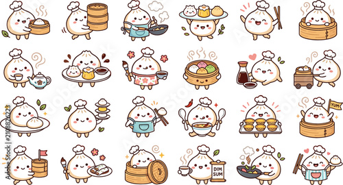 Photos Cute bao chef dim sum dumpling cartoon character sticker sheet cooking and servi
