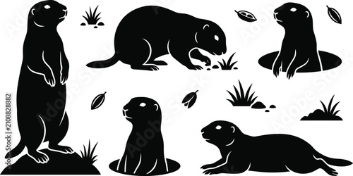 Fotografie Cute Prairie Dog Silhouette Vector Element Set featuring Ground Squirrel Wildlif