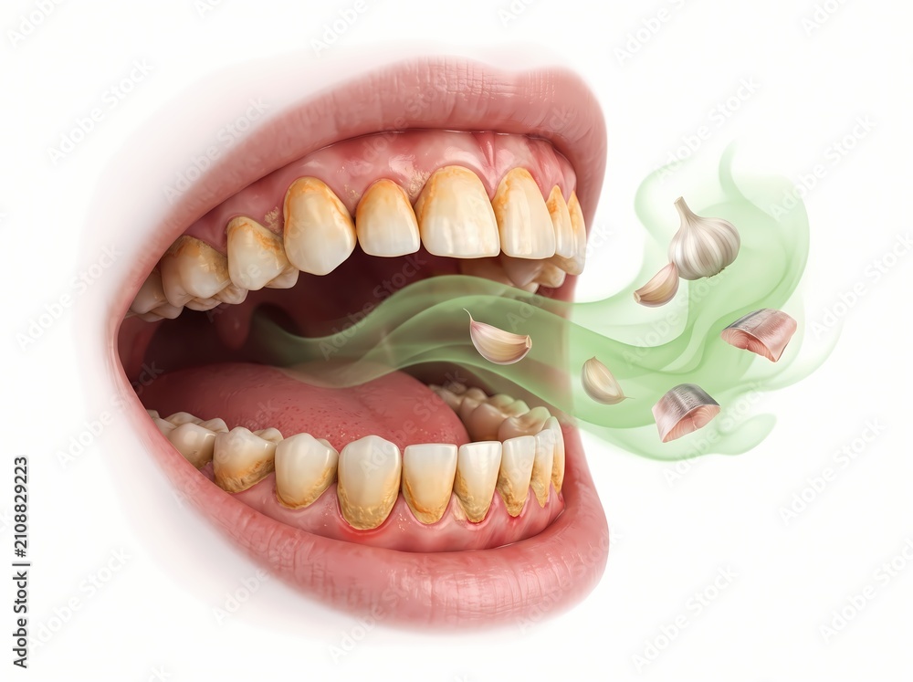 Obraz premium Illustration of halitosis originating from open mouth with yellowed teeth, showing bad breath, garlic, and meat, representing poor oral hygiene and dietary impact