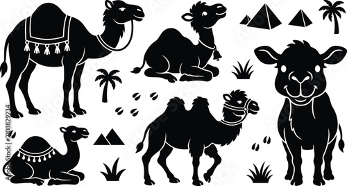 Bild auf Leinwand Desert Camel and Sheep Silhouette Vector Element Set featuring Pyramids, Palm Tr