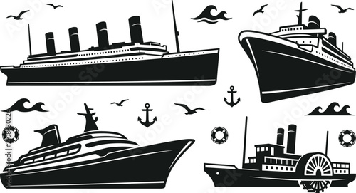 Fotografi Vintage Cruise Ship and Ocean Liner Vector Silhouette Set with Steamboat, Luxury