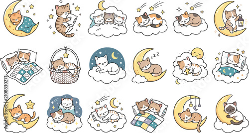 Cute celestial cat sleeping on moon and clouds cartoon characters sticker sheet for children nursery bedtime sublimation and baby scrapbook graphic elements