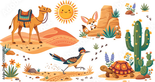 Obraz na płótnie Cute desert wildlife illustration collection with cartoon camel fennec fox roadr