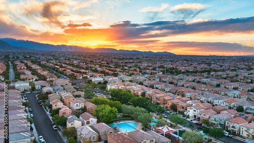 Photography Aerial Las Vegas Neighborhood Sunset Pool and Mountain View