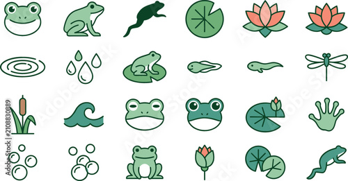 Foto Cute frog lifecycle and pond icon set featuring cartoon amphibians tadpoles lily