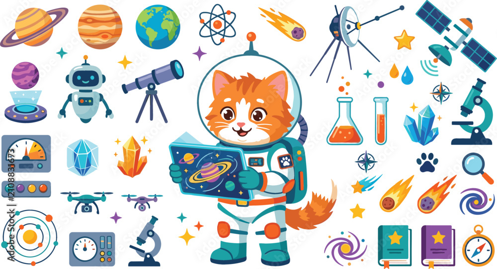 Fototapeta premium Cute Kawaii Space Scientist Cat Sticker Set with Planets Science Lab Equipment and Robots for Educational Children Graphic Design Elements