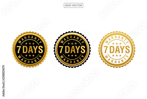 7 days premium luxury warranty logo set with golden ribbon and stars in circle vector illustration