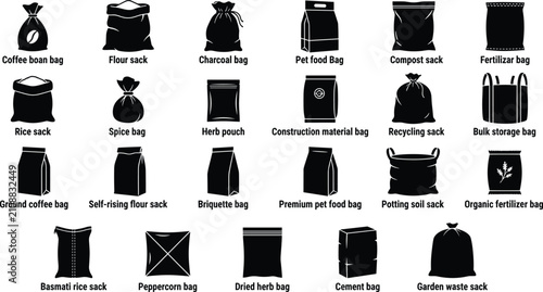 Packaging Bag Silhouette Collection Featuring Sacks Pouches and Storage Bags for Product Packaging Vector Design