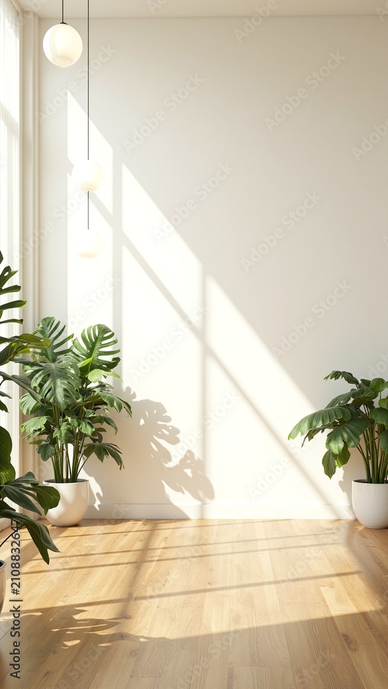 Fototapeta premium Empty Wall Mockup in Bright Tropical Living Room