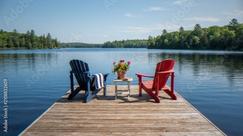 Bild auf Leinwand A tranquil scene featuring a blue and a red Adirondack chair placed on a wooden dock overlooking a calm, forest-lined lake on a sunny day