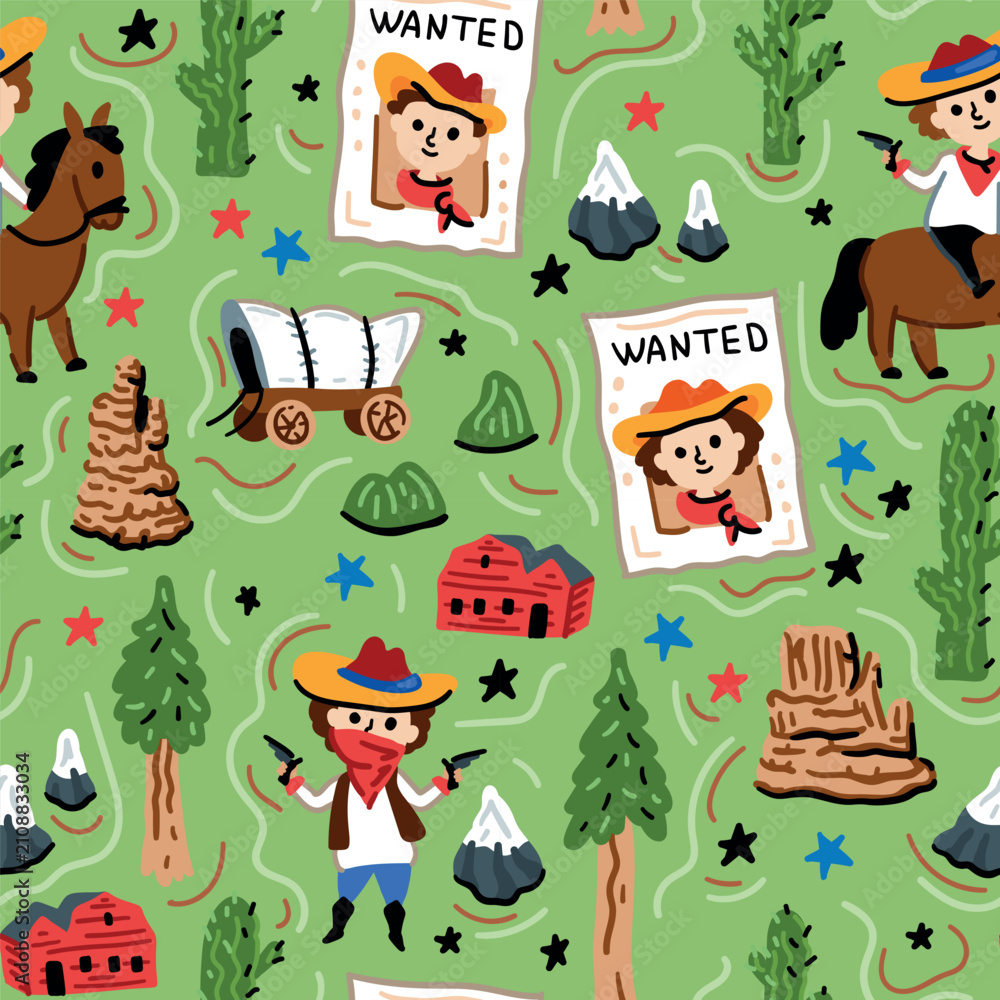 Fototapeta premium Children's vector seamless print design with cowboys and Indians. USA. America. Pattern for boys with American nature and funny characters.