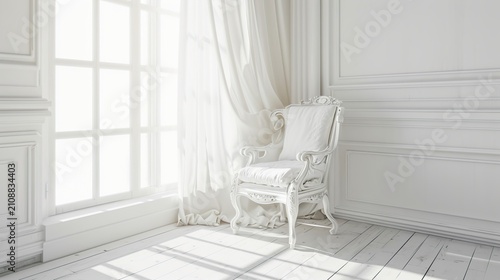 Sunlit Minimalist White Room with Large Window and Armchair by Curtains
