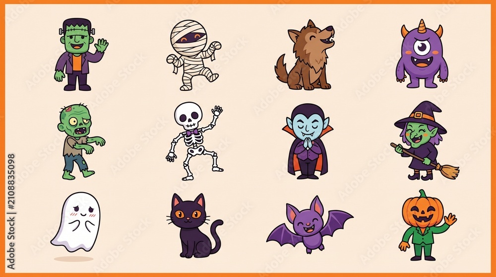Obraz premium Friendly Halloween Monster Character Grid
