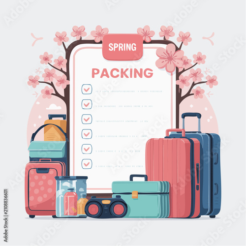 Spring travel packing checklist with luggage