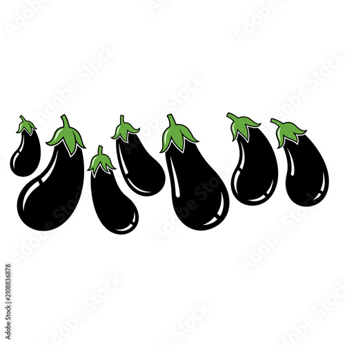 Arrangement of eggplant graphics with green stem details.