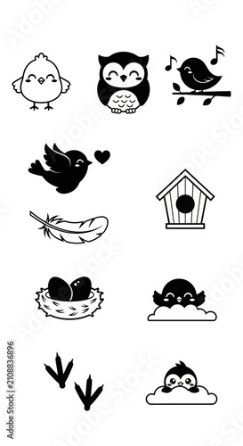 Assorted black silhouette and outline bird icons.
