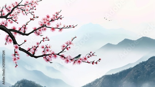 Serene Mountain Landscape Framed by Blooming Cherry Branch in Misty Blue Haze