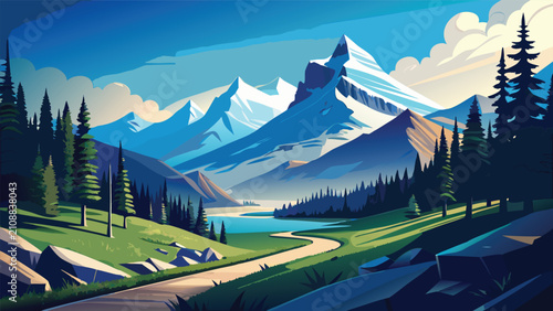 Foto Alpine lake scenery with high snow peaks and forest landscape mountain landscape