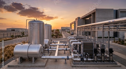 Industrial thermal storage tanks modern facility sunset lighting clean energy infrastructure